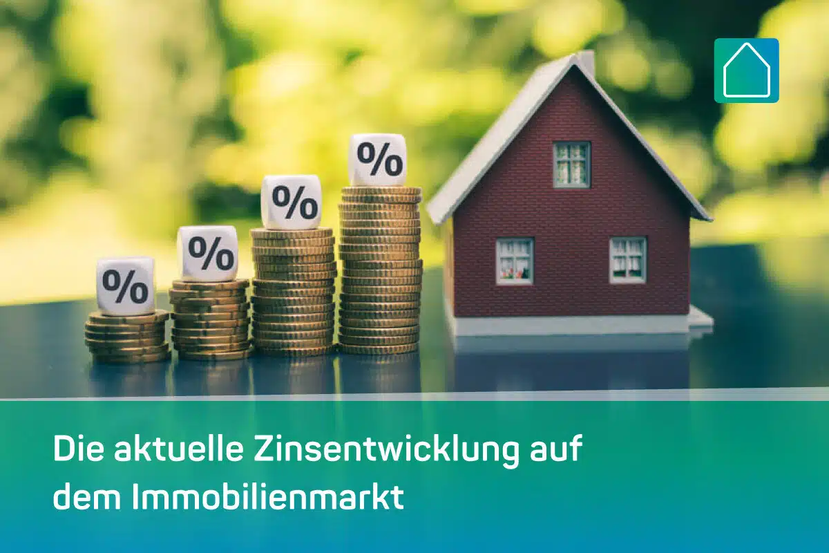 Stapel von Münzen mit Prozentsymbolen und einem kleinen Modellhaus, das die Zinsentwicklung auf dem Immobilienmarkt symbolisiert. Der Text auf Deutsch lautet: Die aktuelle Zinsentwicklung auf dem Immobilienmarkt.